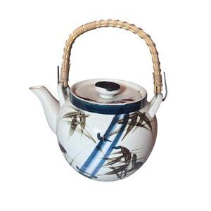 Vintage Japanese Ceramic Teapot With Bamboo Handle & Painted Bamboo Design